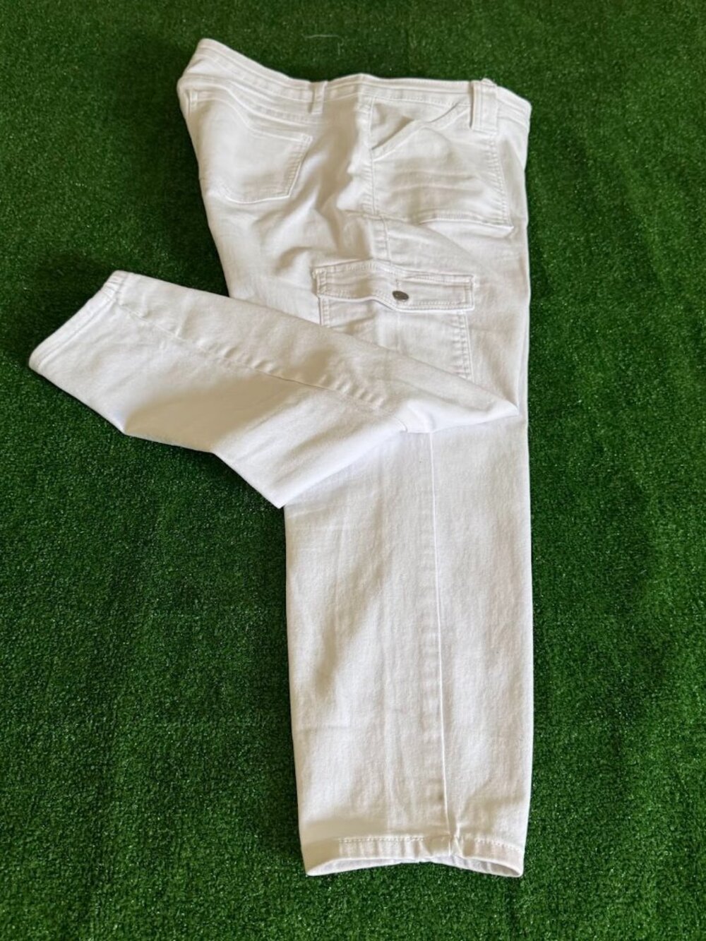 Bleu Patch Pockets Ankle Cargo Denim Pants White Women's Plus Size 18W